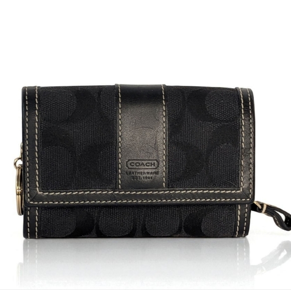 Coach Black Signature C Jacquard Canvas &  Leather Wallet Keychain Trifold Small - Picture 1 of 11